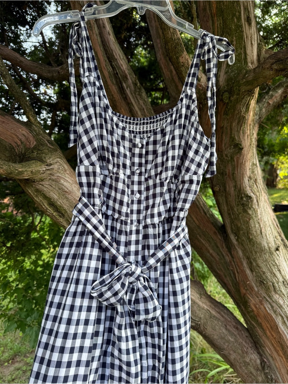 J CREW Gingham Black & White Button Front Size 8 Tie Strap Ruffle Hem Midi Dress - Picture 11 of 16